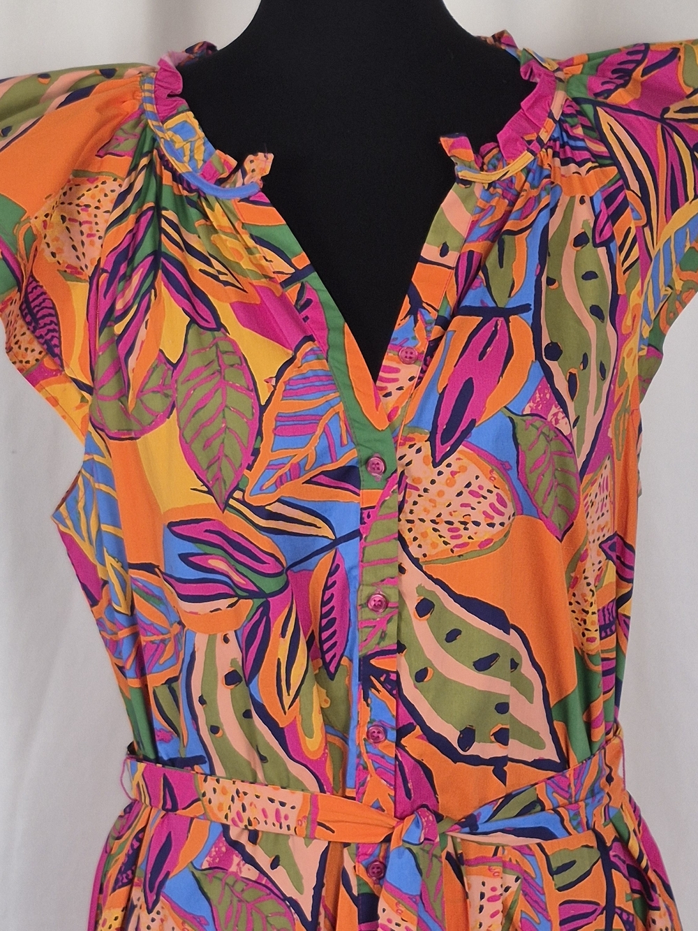 Sugarlips Milana Full-Button Tropical Print Tiered Cotton Midi Dress - Size L - Picture 9 of 15